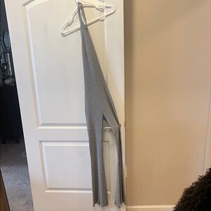 naked wardrobe Ribbed Knit Light Gray Halter Jumpsuit